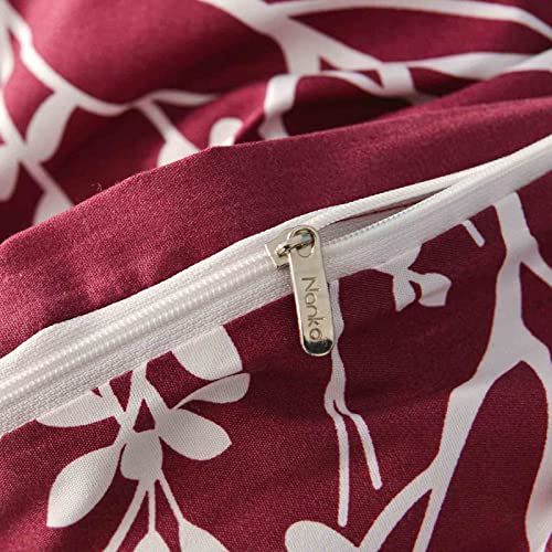 NANKO Burgundy Red Queen Duvet Cover Set White Floral Tree Branch Pattern Christmas 3pc Size 90x90 Microfiber Comforter Quilt Bedding Cover with Zip Ties - Modern Farmhouse for Men and Women Teen Girl