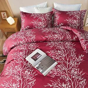 NANKO Burgundy Red Queen Duvet Cover Set White Floral Tree Branch Pattern Christmas 3pc Size 90x90 Microfiber Comforter Quilt Bedding Cover with Zip Ties - Modern Farmhouse for Men and Women Teen Girl