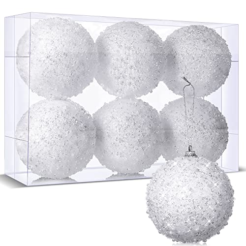 BBTO 6 Pieces 4 Inch Foam Christmas Ball Ornament White ations Glitter Tree Ornaments Large Hanging Xmas for Wedding Home Tabletop