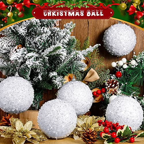 BBTO 6 Pieces 4 Inch Foam Christmas Ball Ornament White ations Glitter Tree Ornaments Large Hanging Xmas for Wedding Home Tabletop