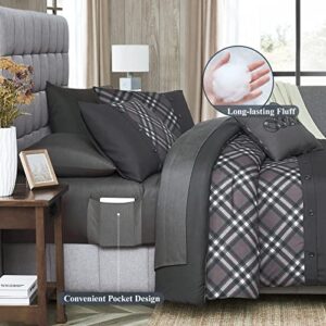 WRENSONGE Plaid King Comforter Set, 8 Pieces Grey Printed and Spliced Plaid Herringbone Bedding Set, Microfiber Soft Farmhouse Comforter Set with Decor Pillow, Lightweight Breathable for All Seasons