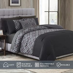 WRENSONGE Plaid King Comforter Set, 8 Pieces Grey Printed and Spliced Plaid Herringbone Bedding Set, Microfiber Soft Farmhouse Comforter Set with Decor Pillow, Lightweight Breathable for All Seasons