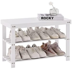 apicizon bamboo shoe rack for entryway, 3-tier shoe rack bench for front indoor entrance, small shoe organizer with storage, white