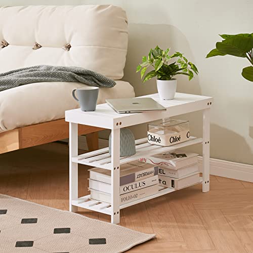 APICIZON Bamboo Shoe Rack for Entryway, 3-Tier Shoe Rack Bench for Front Indoor Entrance, Small Shoe Organizer with Storage, White