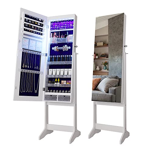 Gurexl 2-in-1 Jewelry Armoire with 8 LEDs,Door/Wall Mounted/Free Standing Jewelry Cabinet with Adjustable Acrylic Storage Shelf,Lockable Jewelry Organizer with Full Length Mirror for Bedroom