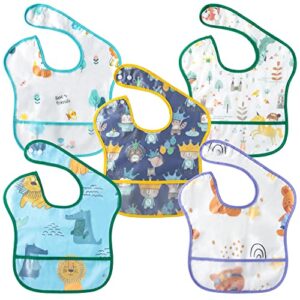 Zainpe 5Pcs Snap Baby Bibs Fox Bear Waterproof Stain Resistant Feeding Bib with Food Catcher Pocket Washable Adjustable Starter Bib Unisex Animals Burp Cloths for Infants Newborns Toddlers 6-24 Months