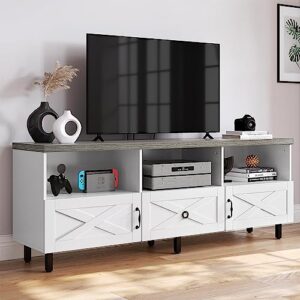 yitahome mid-century modern tv stand for 70/65/60/55 inch, boho wood tv table farmhouse media console with storage cabinet and open shelves for living room, bedroom, 65 inch, white/grey