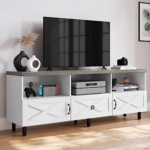 YITAHOME Mid-Century Modern TV Stand for 70/65/60/55 inch, Boho Wood TV Table Farmhouse Media Console with Storage Cabinet and Open Shelves for Living Room, Bedroom, 65 inch, White/Grey