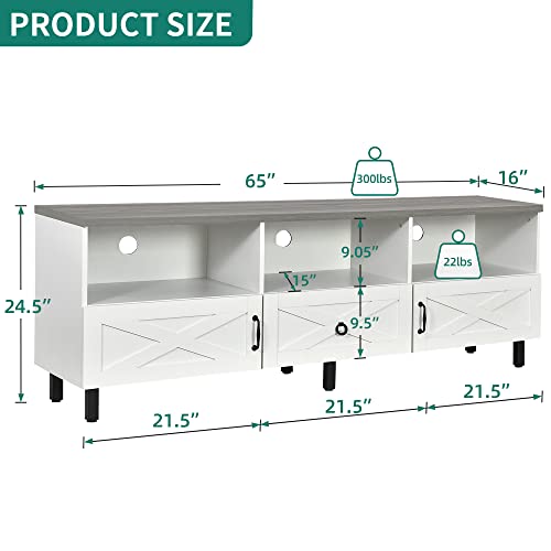 YITAHOME Mid-Century Modern TV Stand for 70/65/60/55 inch, Boho Wood TV Table Farmhouse Media Console with Storage Cabinet and Open Shelves for Living Room, Bedroom, 65 inch, White/Grey