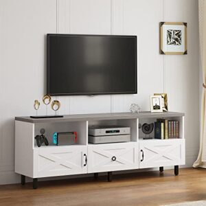 YITAHOME Mid-Century Modern TV Stand for 70/65/60/55 inch, Boho Wood TV Table Farmhouse Media Console with Storage Cabinet and Open Shelves for Living Room, Bedroom, 65 inch, White/Grey