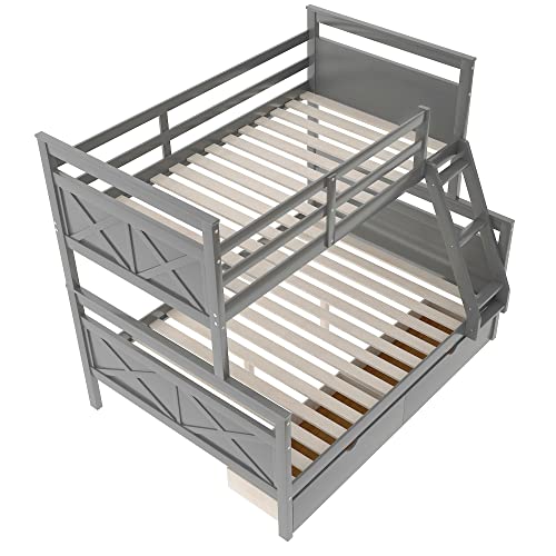 Merax Twin Over Full Bunk Bed with 2 Storage Drawers, Ladder and Guardrail, Can be Converted into 2 Separated beds, Grey