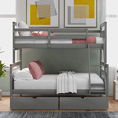 Merax Twin Over Full Bunk Bed with 2 Storage Drawers, Ladder and Guardrail, Can be Converted into 2 Separated beds, Grey