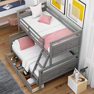 Merax Twin Over Full Bunk Bed with 2 Storage Drawers, Ladder and Guardrail, Can be Converted into 2 Separated beds, Grey