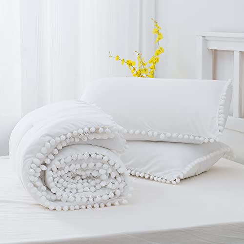 annadaif White Comforter Set Full Size, Pom Pom Fringe Comforter 3 Pieces, Soft Microfiber Down Alternative Bedding Set for All Season as Gift (1 Comforter, 2 Pillowcases)