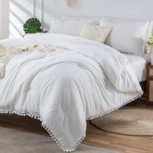 annadaif white comforter set full size, pom pom fringe comforter 3 pieces, soft microfiber down alternative bedding set for all season as gift (1 comforter, 2 pillowcases)