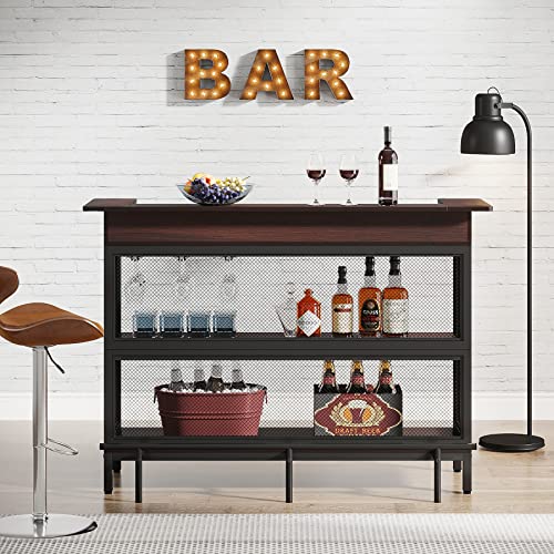 Tribesigns Industrial Home Bar Unit, 3 Tier Liquor Bar Table with Stemware Rack and Wine Storage Display Shelf, Mini Bar Cabinet with Glass Holder Footrest and Mesh Front