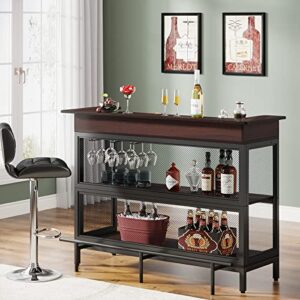 Tribesigns Industrial Home Bar Unit, 3 Tier Liquor Bar Table with Stemware Rack and Wine Storage Display Shelf, Mini Bar Cabinet with Glass Holder Footrest and Mesh Front