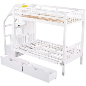 Harper & Bright Designs Twin Over Full Bunk Beds with Storage Stairs, Wood Detachable Bunk Beds with 2 Storage Drawers,and The Down Bed can be Converted into Daybed, White