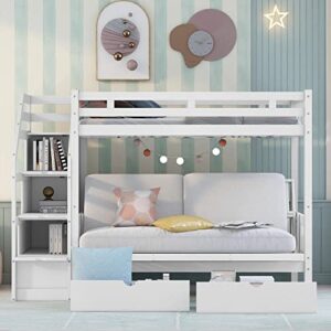 harper & bright designs twin over full bunk beds with storage stairs, wood detachable bunk beds with 2 storage drawers,and the down bed can be converted into daybed, white