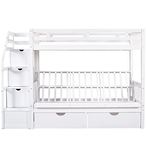 Harper & Bright Designs Twin Over Full Bunk Beds with Storage Stairs, Wood Detachable Bunk Beds with 2 Storage Drawers,and The Down Bed can be Converted into Daybed, White