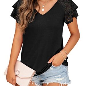 FREEOAK Summer Tops Double Lace Sleeve Shirts for Women V Neck Loose Casual Tee Tunics Black Tops for Women Black L