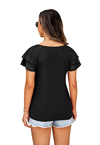 FREEOAK Summer Tops Double Lace Sleeve Shirts for Women V Neck Loose Casual Tee Tunics Black Tops for Women Black L