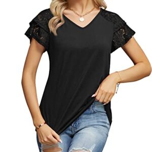 FREEOAK Summer Tops Double Lace Sleeve Shirts for Women V Neck Loose Casual Tee Tunics Black Tops for Women Black L