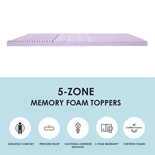 Mellow 2 Inch 5-Zone Memory Foam Mattress Topper, Soothing Lavender Infusion, Queen