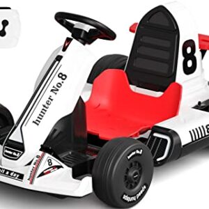 XJD Electric Go Kart 12V Battery Powered Pedal Go Karts for 3+ Kids Adults on Car Electric Vehicle Car Racing Drift Car for Boys Girls with Bluetooth/FM and Remote Control (White)