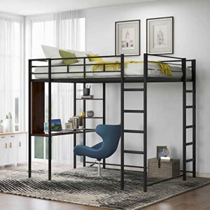 aty metal full size loft bed with 2 shelves and 1 desk, sturdy bedframe w/two ladders & safety rails for kids teens adults, no box spring needed, black