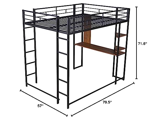 ATY Metal Full Size Loft Bed with 2 Shelves and 1 Desk, Sturdy Bedframe w/Two Ladders & Safety Rails for Kids Teens Adults, No Box Spring Needed, Black