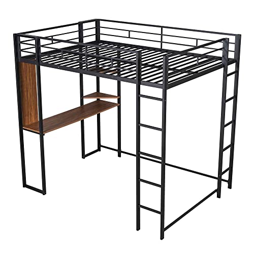 ATY Metal Full Size Loft Bed with 2 Shelves and 1 Desk, Sturdy Bedframe w/Two Ladders & Safety Rails for Kids Teens Adults, No Box Spring Needed, Black