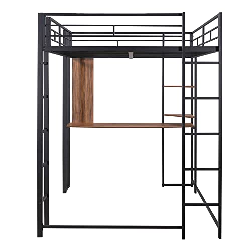 ATY Metal Full Size Loft Bed with 2 Shelves and 1 Desk, Sturdy Bedframe w/Two Ladders & Safety Rails for Kids Teens Adults, No Box Spring Needed, Black