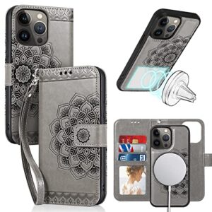 caseowl compatible for iphone 14 pro max wallet case[support magsafe charger] 2-in-1 magnetic detachable[rfid blocking] mandala embossed flip leather wallet case with card holder,strap for women(gray)