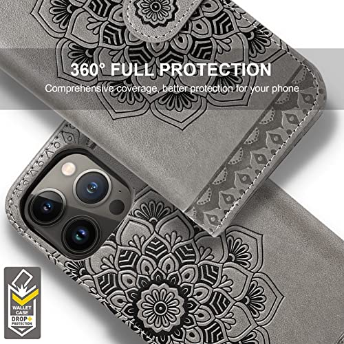 CASEOWL Compatible for iPhone 14 Pro Max Wallet Case[Support Magsafe Charger] 2-in-1 Magnetic Detachable[RFID Blocking] Mandala Embossed Flip Leather Wallet Case with Card Holder,Strap for Women(Gray)