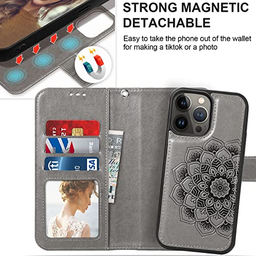 CASEOWL Compatible for iPhone 14 Pro Max Wallet Case[Support Magsafe Charger] 2-in-1 Magnetic Detachable[RFID Blocking] Mandala Embossed Flip Leather Wallet Case with Card Holder,Strap for Women(Gray)