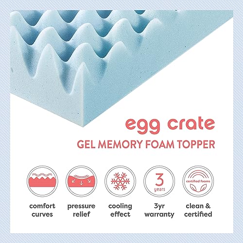 Best Price Mattress 2 Inch Egg Crate Memory Foam Mattress Topper, Cooling Gel Infusion, Queen, Blue