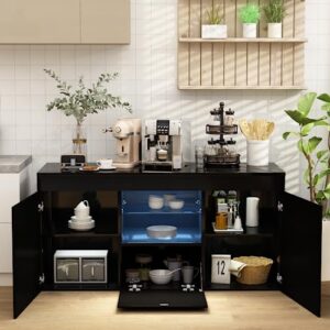 lamerge sideboard buffet cabinet,led tv stand with storage,high glossy panel, uv coated,tv table,kitchen cabinet, bar cabinet. 53.1" l×13" w×28" h,black