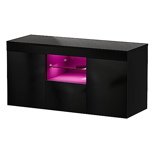 Lamerge Sideboard Buffet Cabinet,Led TV Stand with Storage,High Glossy Panel, UV Coated,TV Table,Kitchen Cabinet, Bar Cabinet. 53.1" L×13" W×28" H,Black