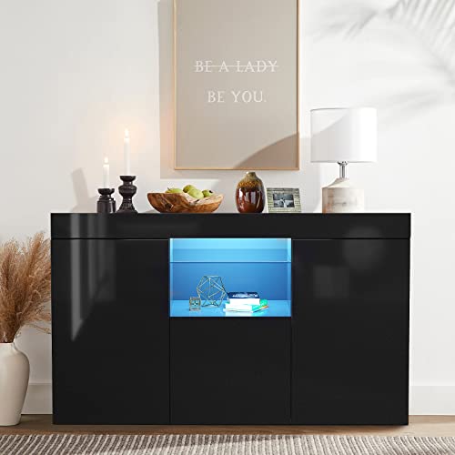 Lamerge Sideboard Buffet Cabinet,Led TV Stand with Storage,High Glossy Panel, UV Coated,TV Table,Kitchen Cabinet, Bar Cabinet. 53.1" L×13" W×28" H,Black