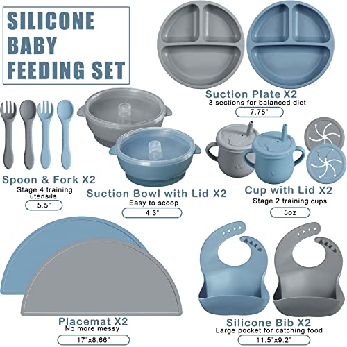 Mimorou 16 Pack Baby Feeding Supplies Set, Silicone Baby Led Weaning Suction Plates and Bowls Silicone Bibs Anti Slip Placemat Snack Cups Baby Spoons Forks, Toddler Eating Utensil Set