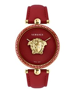 versace womens gold tone swiss made watch. palazzo empire collection. high fashion adjustable red leather strap with red dial. feautring bold 3d medusa head.