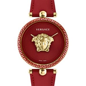 Versace Womens Gold Tone Swiss Made Watch. Palazzo Empire Collection. High Fashion Adjustable Red Leather Strap with Red Dial. Feautring Bold 3D Medusa Head.