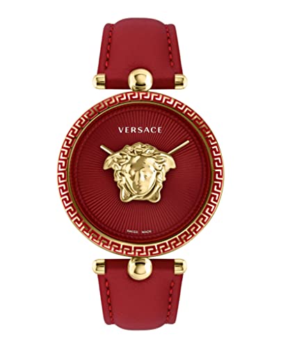 Versace Womens Gold Tone Swiss Made Watch. Palazzo Empire Collection. High Fashion Adjustable Red Leather Strap with Red Dial. Feautring Bold 3D Medusa Head.