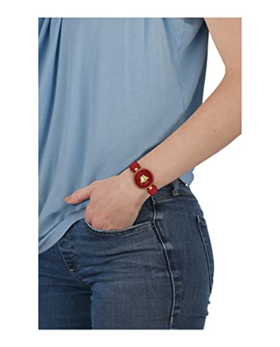 Versace Womens Gold Tone Swiss Made Watch. Palazzo Empire Collection. High Fashion Adjustable Red Leather Strap with Red Dial. Feautring Bold 3D Medusa Head.