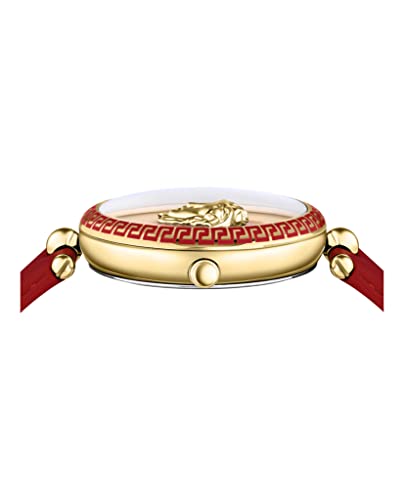 Versace Womens Gold Tone Swiss Made Watch. Palazzo Empire Collection. High Fashion Adjustable Red Leather Strap with Red Dial. Feautring Bold 3D Medusa Head.