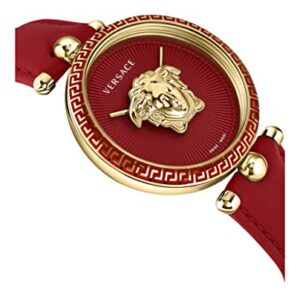 Versace Womens Gold Tone Swiss Made Watch. Palazzo Empire Collection. High Fashion Adjustable Red Leather Strap with Red Dial. Feautring Bold 3D Medusa Head.