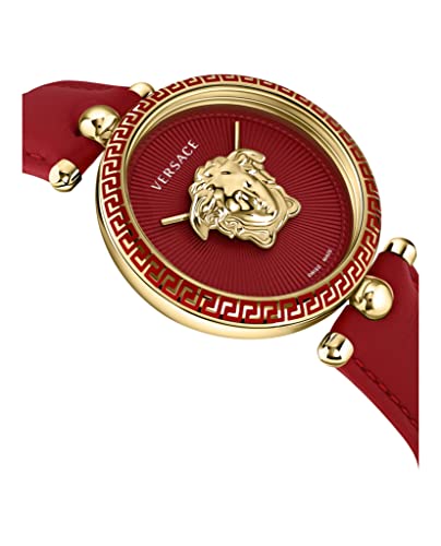 Versace Womens Gold Tone Swiss Made Watch. Palazzo Empire Collection. High Fashion Adjustable Red Leather Strap with Red Dial. Feautring Bold 3D Medusa Head.