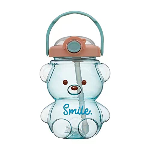 Bear Straw Bottle,Portable Large Capacity Bear Water Bottle with Strap and Straw,Cute Bear Shaped Water Bottle Adjustable Removable Strap for Girls School Outdoor Travel (blue-47oz)