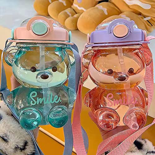 Bear Straw Bottle,Portable Large Capacity Bear Water Bottle with Strap and Straw,Cute Bear Shaped Water Bottle Adjustable Removable Strap for Girls School Outdoor Travel (blue-47oz)